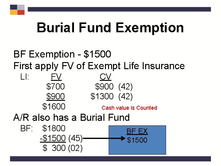 Burial Fund Exemption BF Exemption - $1500 First apply FV of Exempt Life Insurance