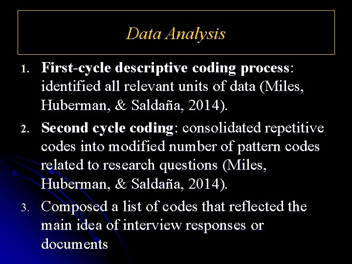 Data Analysis 1. 2. 3. First-cycle descriptive coding process: identified all relevant units of