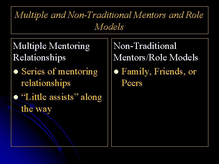 Multiple and Non-Traditional Mentors and Role Models Multiple Mentoring Relationships l Series of mentoring