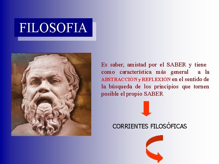 FILOSOFIA Es saber, amistad por el SABER y tiene como característica más general a