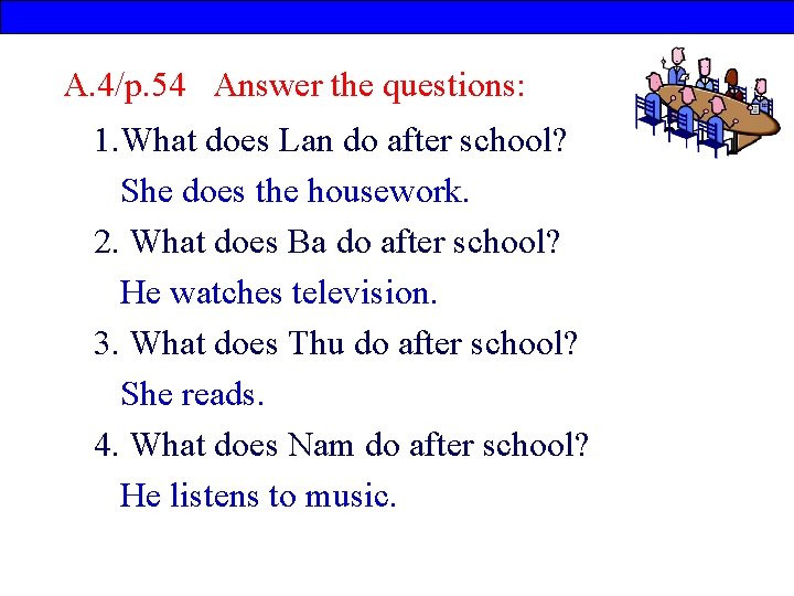 A. 4/p. 54 Answer the questions: 1. What does Lan do after school? She