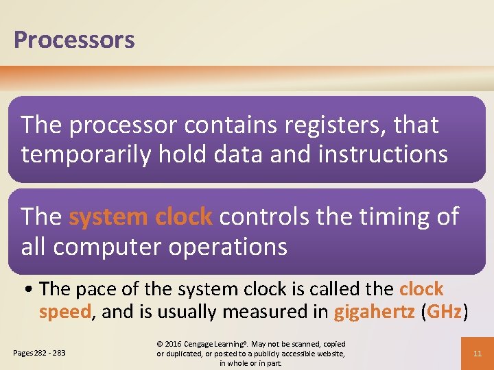 Processors The processor contains registers, that temporarily hold data and instructions The system clock