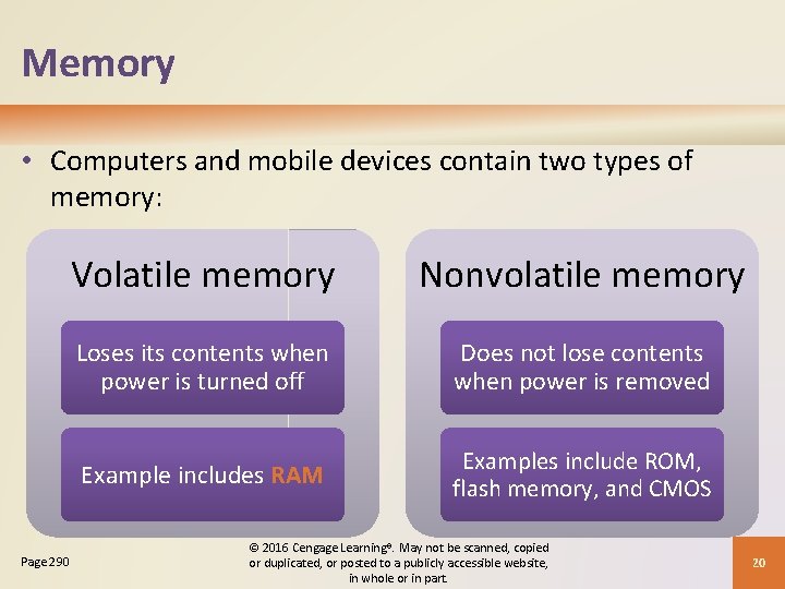 Memory • Computers and mobile devices contain two types of memory: Page 290 Volatile