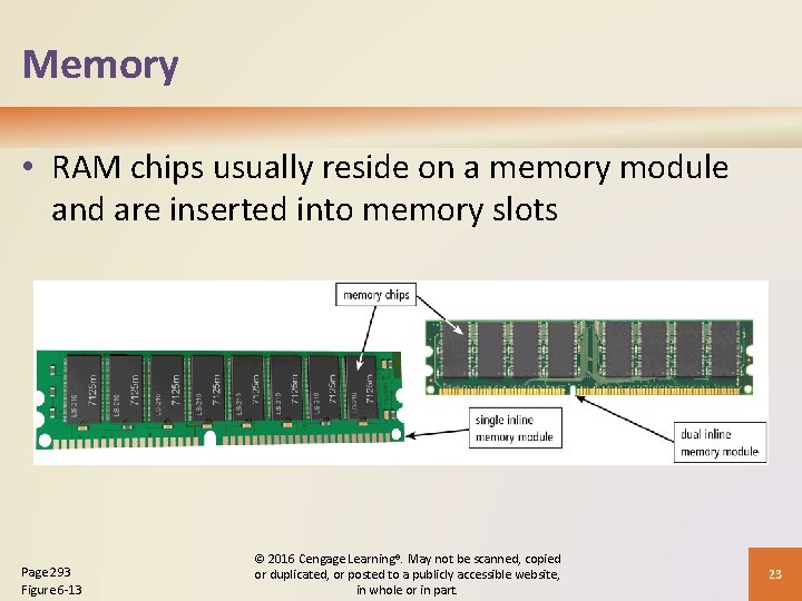 Memory • RAM chips usually reside on a memory module and are inserted into