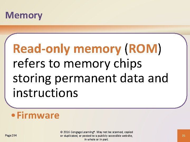 Memory Read-only memory (ROM) refers to memory chips storing permanent data and instructions •