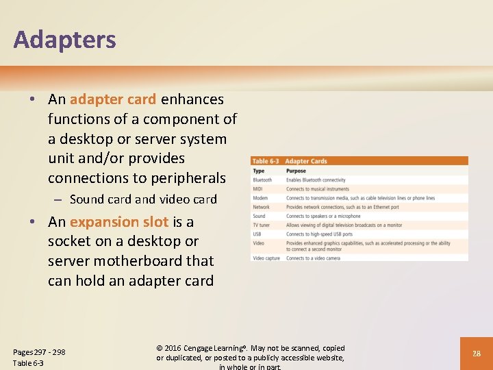 Adapters • An adapter card enhances functions of a component of a desktop or