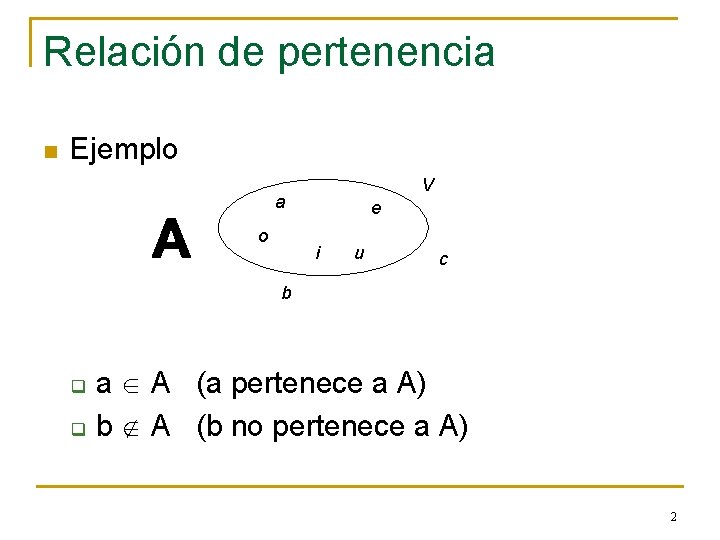 Relación de pertenencia n Ejemplo V a o e i u c b q