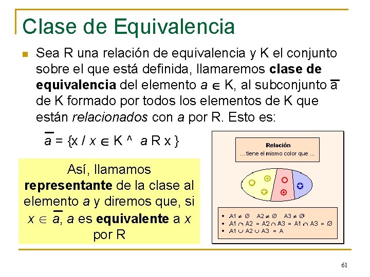 Clase de Equivalencia n Sea R una relación de equivalencia y K el conjunto