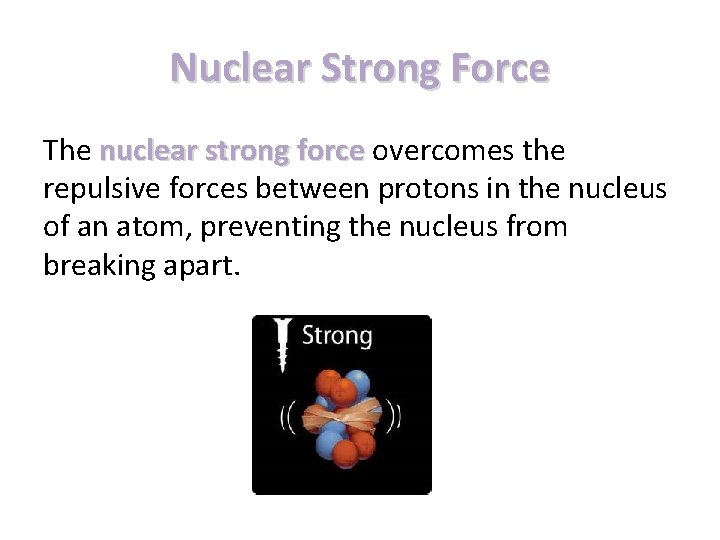 Nuclear Strong Force The nuclear strong force overcomes the repulsive forces between protons in