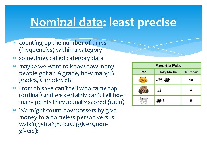 Nominal data: least precise counting up the number of times (frequencies) within a category