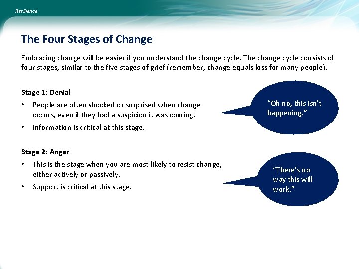 Resilience The Four Stages of Change Embracing change will be easier if you understand