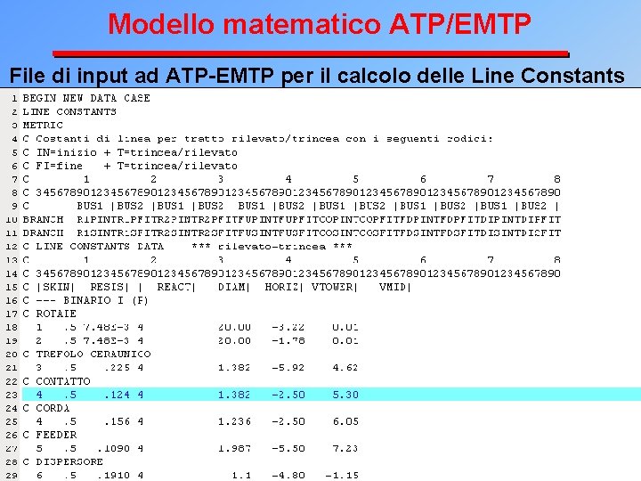 Modello matematico ATP/EMTP File di input ad ATP-EMTP per il calcolo delle Line Constants