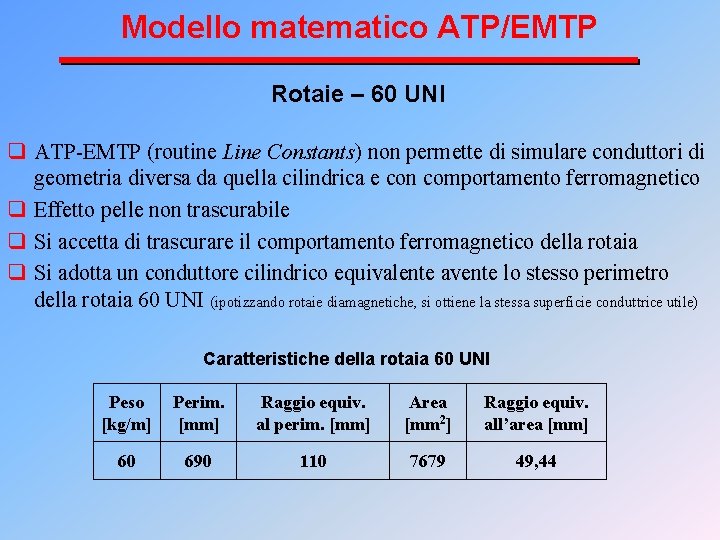 Modello matematico ATP/EMTP Rotaie – 60 UNI q ATP-EMTP (routine Line Constants) non permette