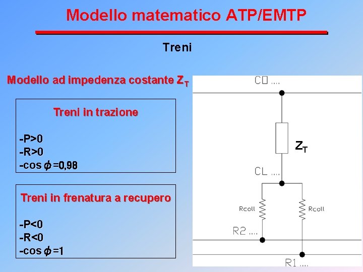 Modello matematico ATP/EMTP Treni Modello ad impedenza costante ZT Treni in trazione -P>0 -R>0