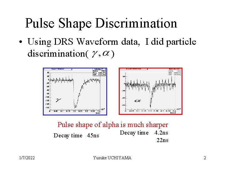 Pulse Shape Discrimination • Using DRS Waveform data, I did particle discrimination( ) Pulse