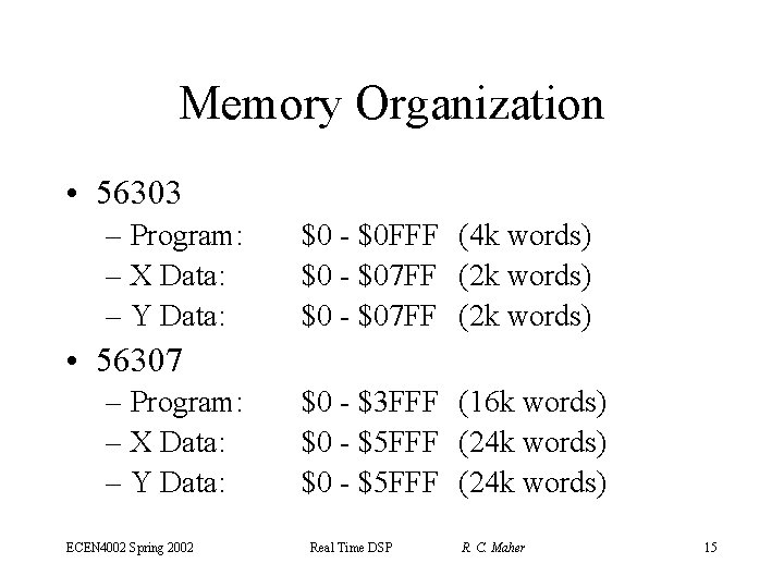 Memory Organization • 56303 – Program: – X Data: – Y Data: $0 -