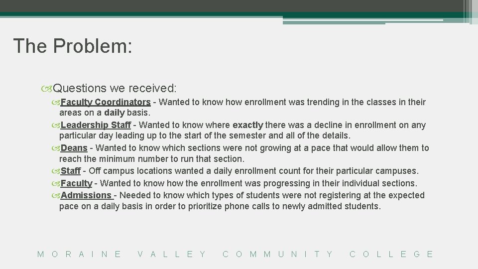 The Problem: Questions we received: Faculty Coordinators - Wanted to know how enrollment was