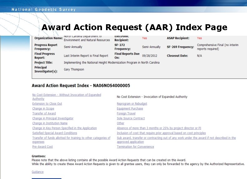 Award Action Request (AAR) Index Page 