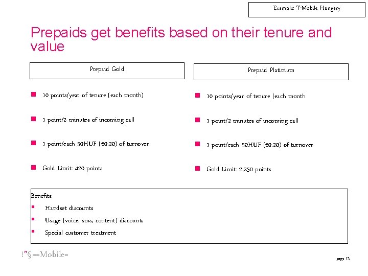 Example: T-Mobile Hungary Prepaids get benefits based on their tenure and value Prepaid Gold Example: T-Mobile Hungary Prepaids get benefits based on their tenure and value Prepaid Gold