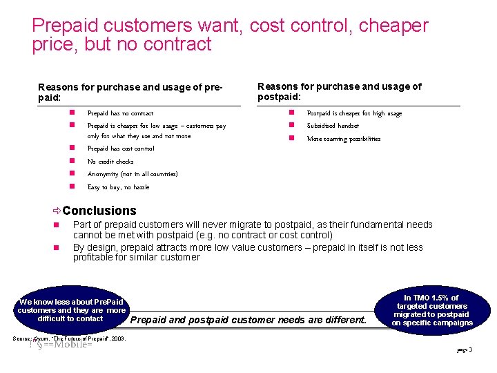 Prepaid customers want, cost control, cheaper price, but no contract Reasons for purchase and Prepaid customers want, cost control, cheaper price, but no contract Reasons for purchase and