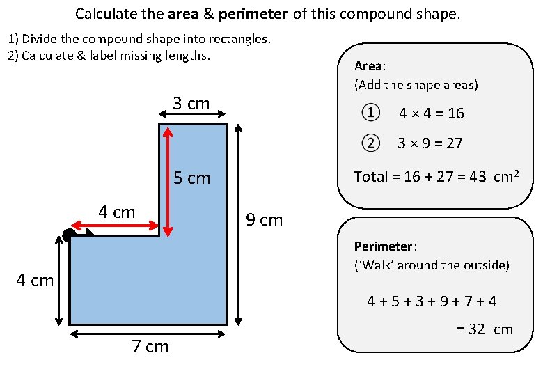 Calculate the area & perimeter of this compound shape. 1) Divide the compound shape