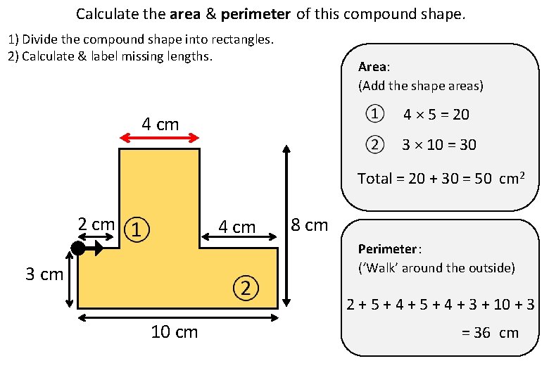 Calculate the area & perimeter of this compound shape. 1) Divide the compound shape