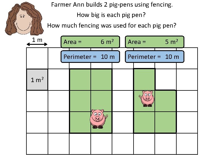 Farmer Ann builds 2 pig-pens using fencing. How big is each pig pen? How