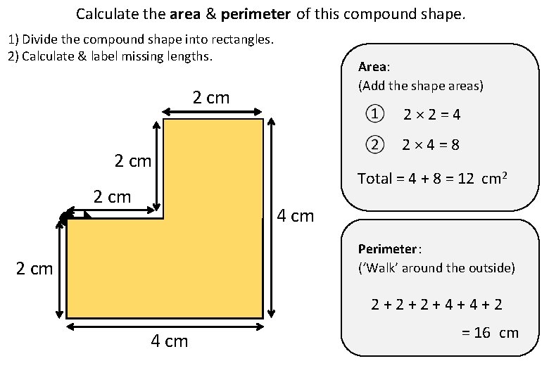 Calculate the area & perimeter of this compound shape. 1) Divide the compound shape
