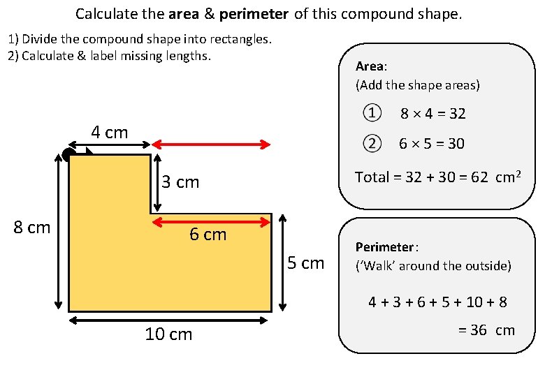 Calculate the area & perimeter of this compound shape. 1) Divide the compound shape