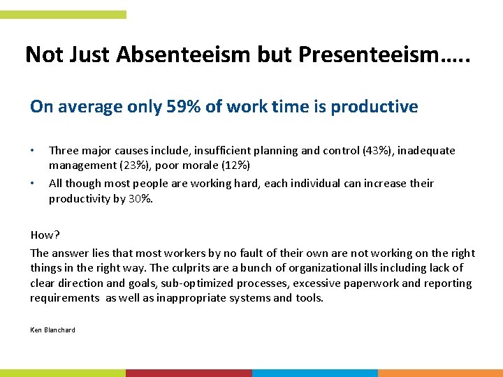 Not Just Absenteeism but Presenteeism…. . On average only 59% of work time is Not Just Absenteeism but Presenteeism…. . On average only 59% of work time is