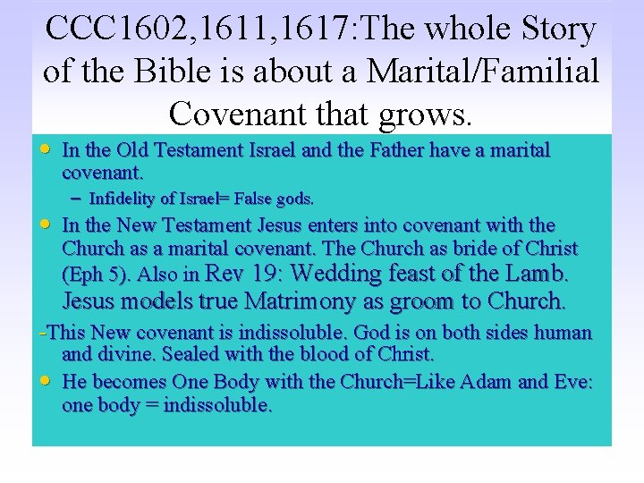 CCC 1602, 1611, 1617: The whole Story of the Bible is about a Marital/Familial