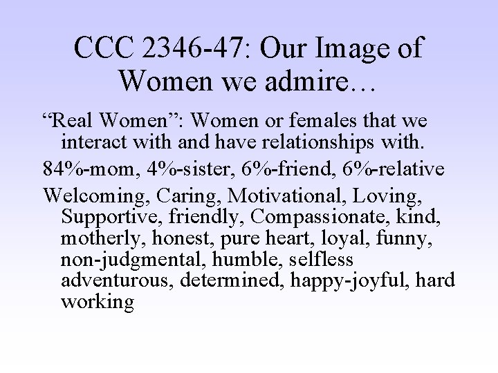 CCC 2346 -47: Our Image of Women we admire… “Real Women”: Women or females