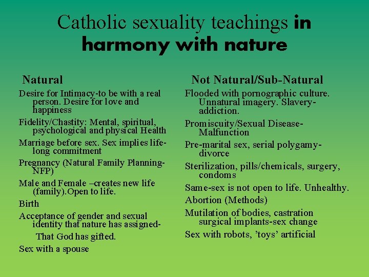 Catholic sexuality teachings in harmony with nature Natural Desire for Intimacy-to be with a