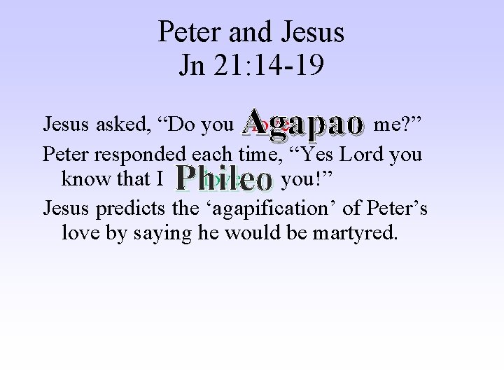 Peter and Jesus Jn 21: 14 -19 Agapao Phileo Jesus asked, “Do you love