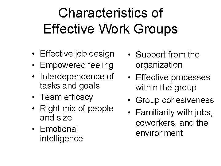 Characteristics of Effective Work Groups • Effective job design • Empowered feeling • Interdependence Characteristics of Effective Work Groups • Effective job design • Empowered feeling • Interdependence