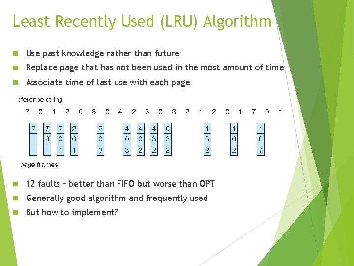 Least Recently Used (LRU) Algorithm n Use past knowledge rather than future n Replace
