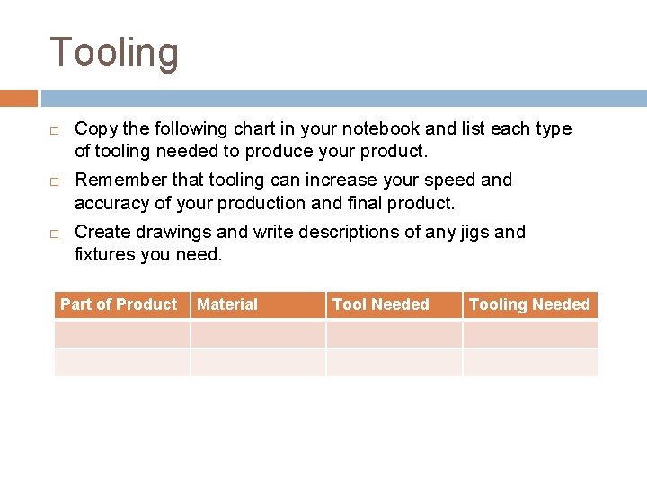 Tooling Copy the following chart in your notebook and list each type of tooling