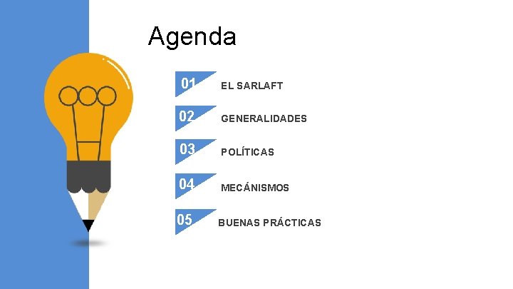 Agenda 01 EL SARLAFT 02 02 03 GENERALIDADES POLÍTICAS 03 04 MECÁNISMOS 05 04