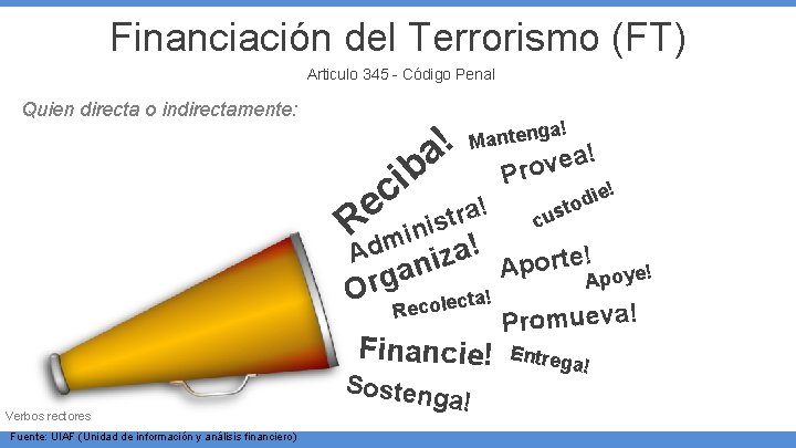 Financiación del Terrorismo (FT) Articulo 345 - Código Penal Quien directa o indirectamente: !