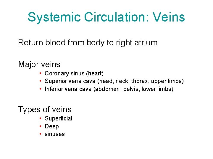 Systemic Circulation: Veins Return blood from body to right atrium Major veins • Coronary