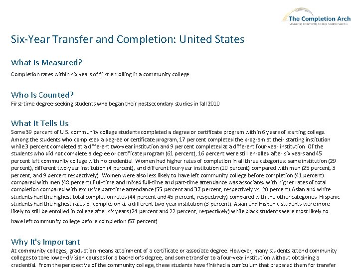 Six-Year Transfer and Completion: United States What Is Measured? Completion rates within six years