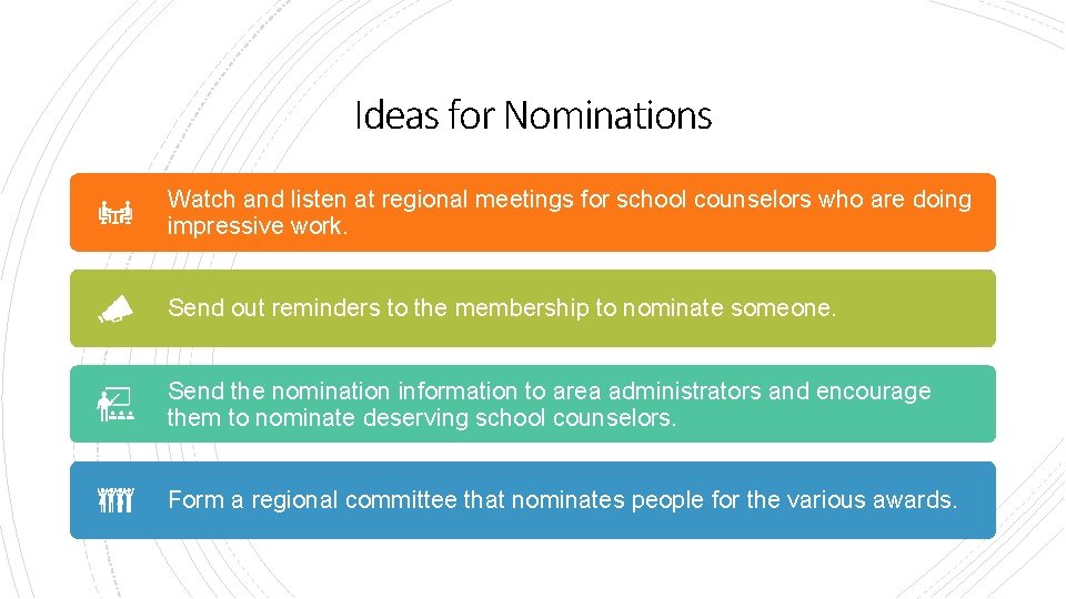 Ideas for Nominations Watch and listen at regional meetings for school counselors who are