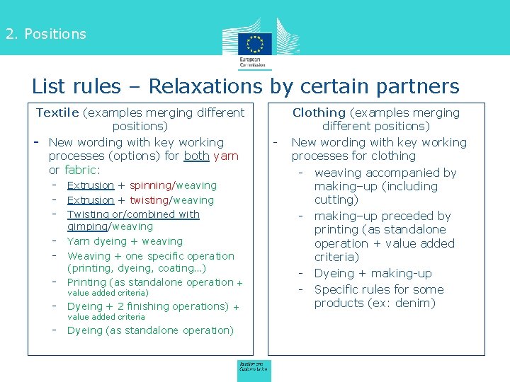 2. Positions List rules – Relaxations by certain partners Textile (examples merging different positions)