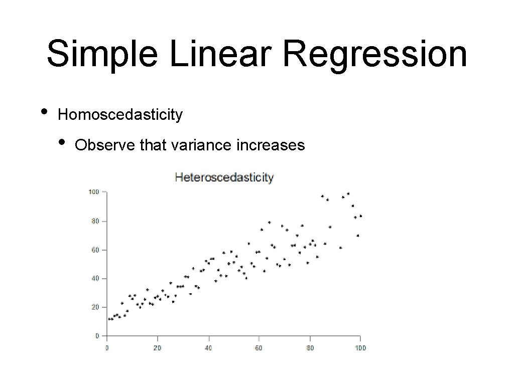 Simple Linear Regression • Homoscedasticity • Observe that variance increases 