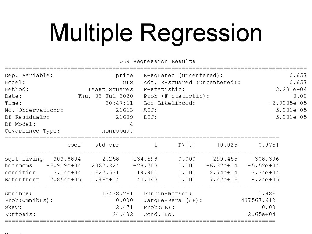 Multiple Regression OLS Regression Results ============================================ Dep. Variable: price R-squared (uncentered): 0. 857 Model: