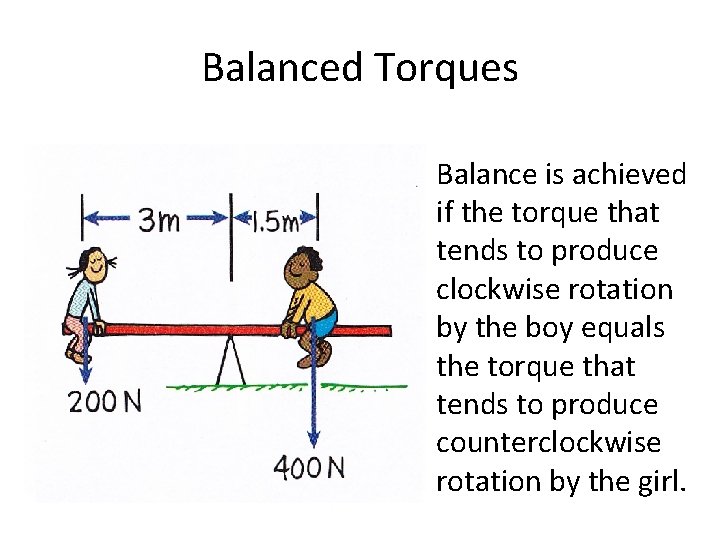 Balanced Torques • Balance is achieved if the torque that tends to produce clockwise