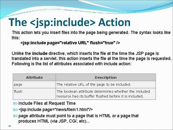 The <jsp: include> Action This action lets you insert files into the page being