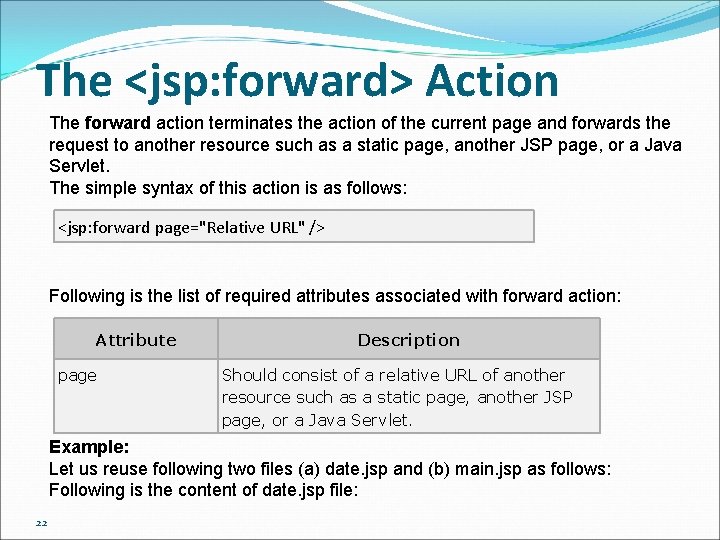 The <jsp: forward> Action The forward action terminates the action of the current page