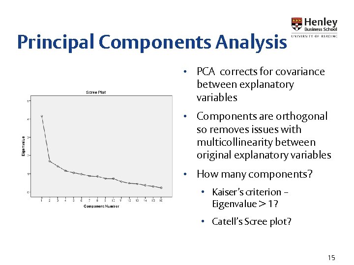 Principal Components Analysis • PCA corrects for covariance between explanatory variables • Components are Principal Components Analysis • PCA corrects for covariance between explanatory variables • Components are