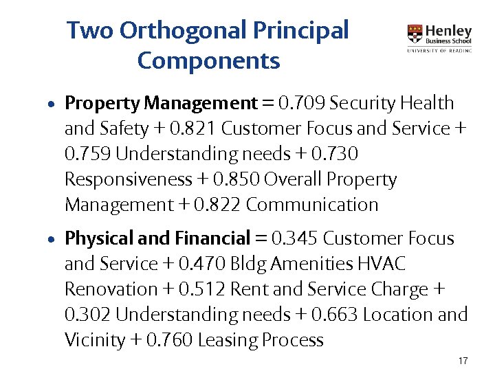 Two Orthogonal Principal Components • Property Management = 0. 709 Security Health and Safety Two Orthogonal Principal Components • Property Management = 0. 709 Security Health and Safety